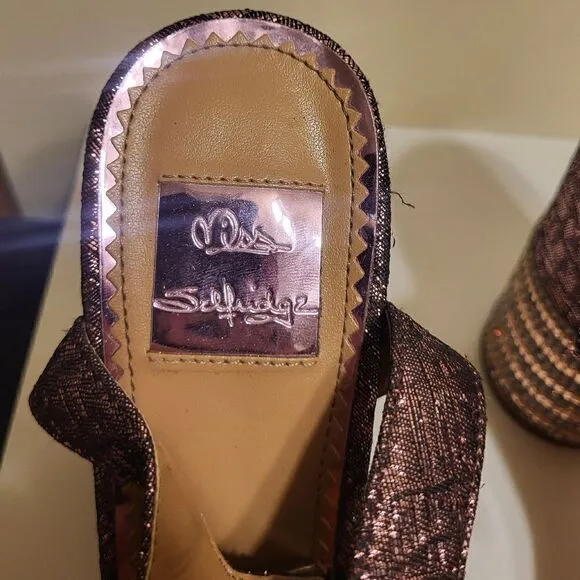 Miss Selfridge Purple Metallic Strap Sandals Rose Gold Crystal Heels Sz.7 $125