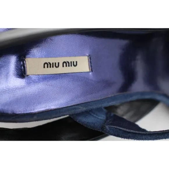 Miu Miu Ankle Strap Sandals Blue Patent Leather and Suede Women's Size 37.5
