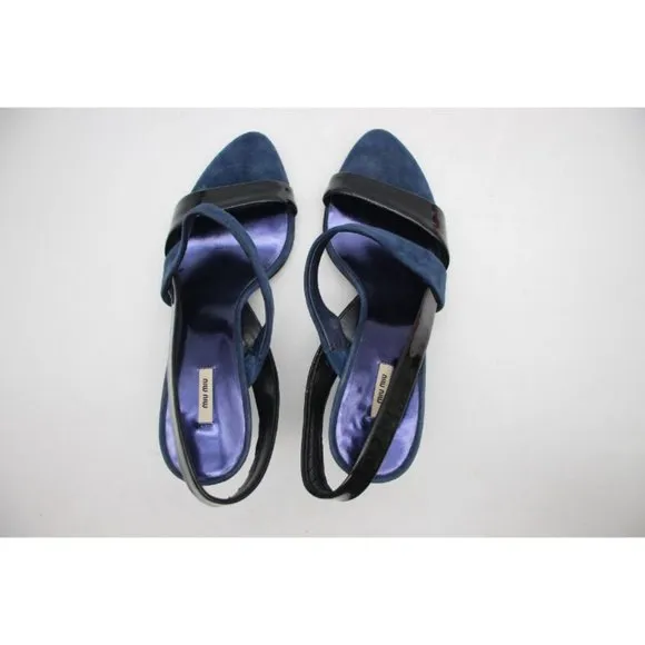 Miu Miu Ankle Strap Sandals Blue Patent Leather and Suede Women's Size 37.5