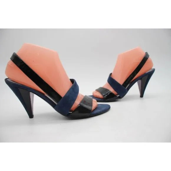 Miu Miu Ankle Strap Sandals Blue Patent Leather and Suede Women's Size 37.5