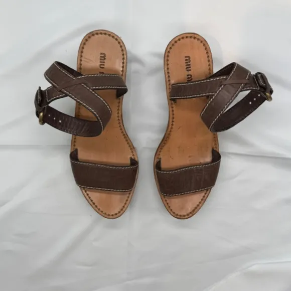 MIU MIU Platform Open Toe Ankle Strap Block Heel Sandals