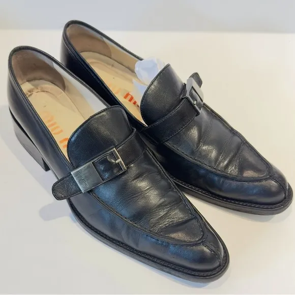 Miu Miu Women's Vintage Black Buckled Leather Loafers
