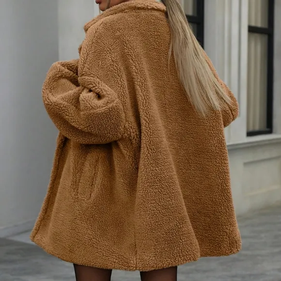 Modichic Teddy Bear Fleece Loose Stand Collar Double Breasted Pocket Jacket