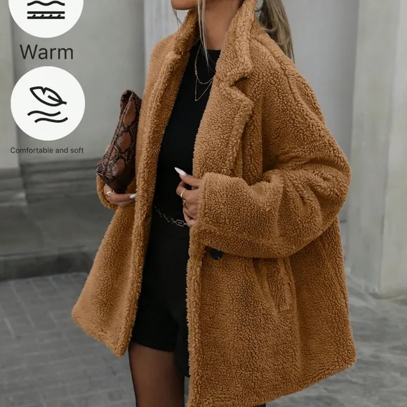 Modichic Teddy Bear Fleece Loose Stand Collar Double Breasted Pocket Jacket