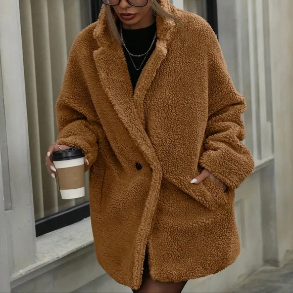 Modichic Teddy Bear Fleece Loose Stand Collar Double Breasted Pocket Jacket