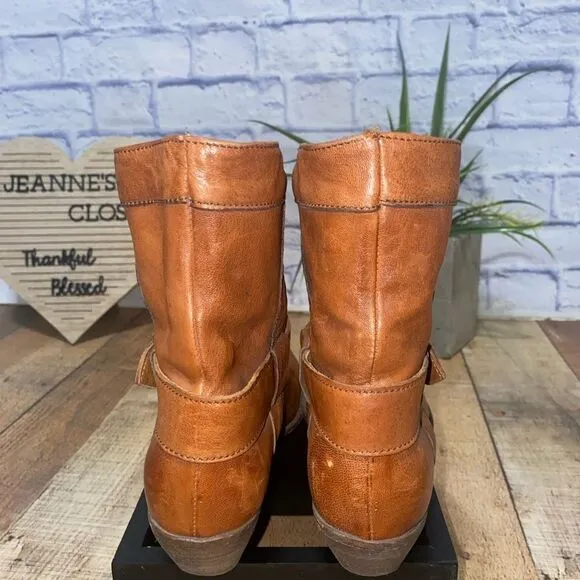 MOMA Brown Distressed Leather Biker Buckle Ankle Boots Sz-37 / 7 US