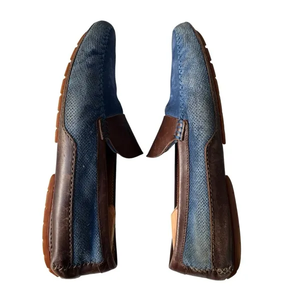 Moreschi Men’s Blue Suede Slip On Loafers with Brown Leather Trim Size 11 US