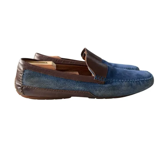 Moreschi Men’s Blue Suede Slip On Loafers with Brown Leather Trim Size 11 US