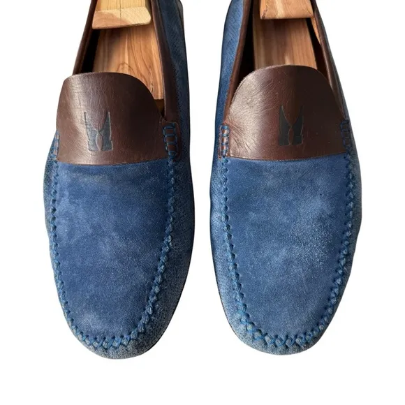 Moreschi Men’s Blue Suede Slip On Loafers with Brown Leather Trim Size 11 US