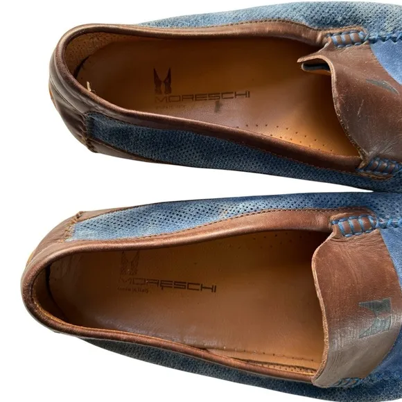 Moreschi Men’s Blue Suede Slip On Loafers with Brown Leather Trim Size 11 US