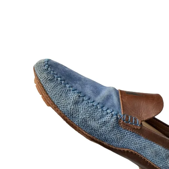 Moreschi Men’s Blue Suede Slip On Loafers with Brown Leather Trim Size 11 US