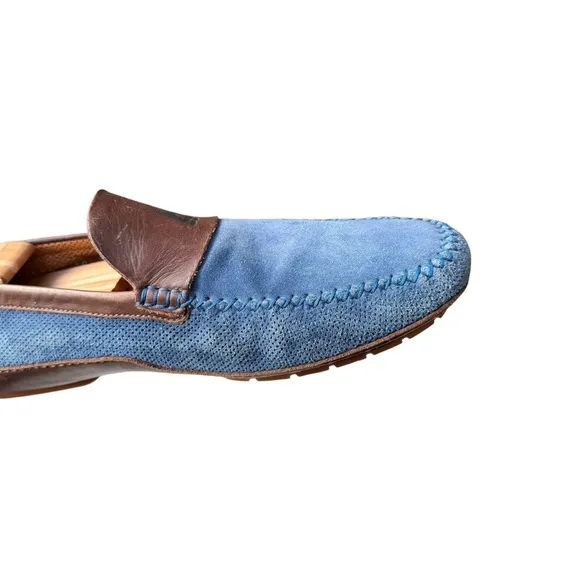 Moreschi Men’s Blue Suede Slip On Loafers with Brown Leather Trim Size 11 US