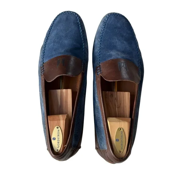 Moreschi Men’s Blue Suede Slip On Loafers with Brown Leather Trim Size 11 US