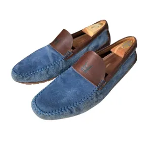 Moreschi Men’s Blue Suede Slip On Loafers with Brown Leather Trim Size 11 US
