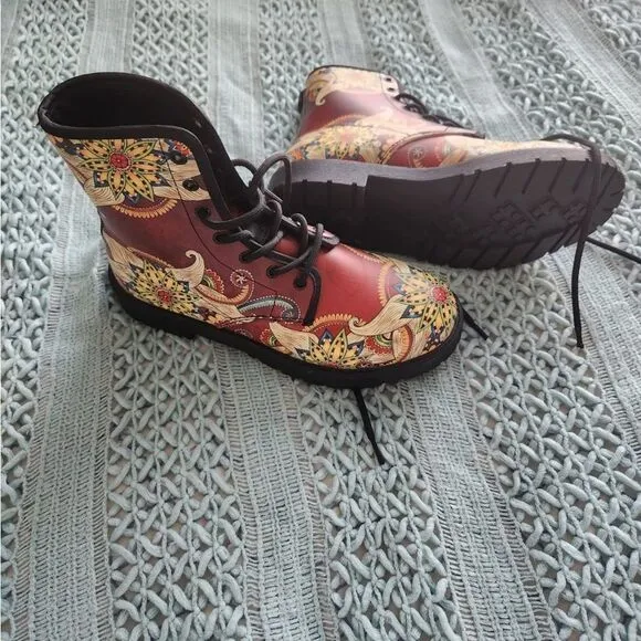 Multi colored floral  red lace up all season boots