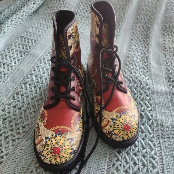 Multi colored floral  red lace up all season boots