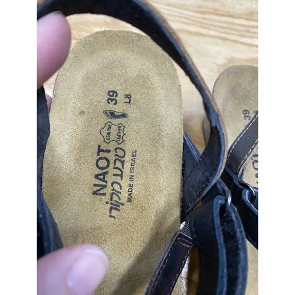 Naot Slingback Sandals Women's 8.5 Black Leather Wedge Buckle Strap Hipster S44