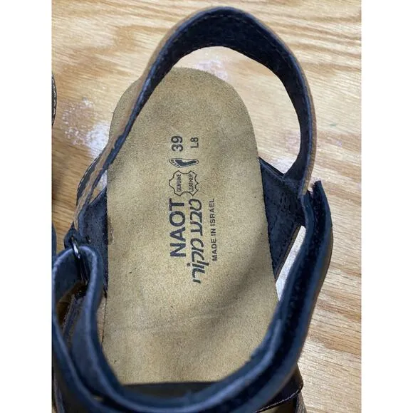 Naot Slingback Sandals Women's 8.5 Black Leather Wedge Buckle Strap Hipster S44