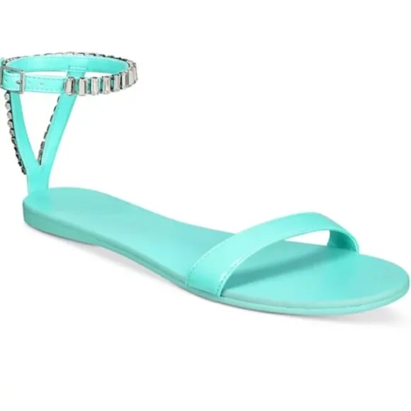NEW AAJ By Aminah Womens Viktoria Embellished Flate Teal 7.5 Ankle strap Sandals