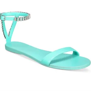 NEW AAJ By Aminah Womens Viktoria Embellished Flate Teal 7.5 Ankle strap Sandals