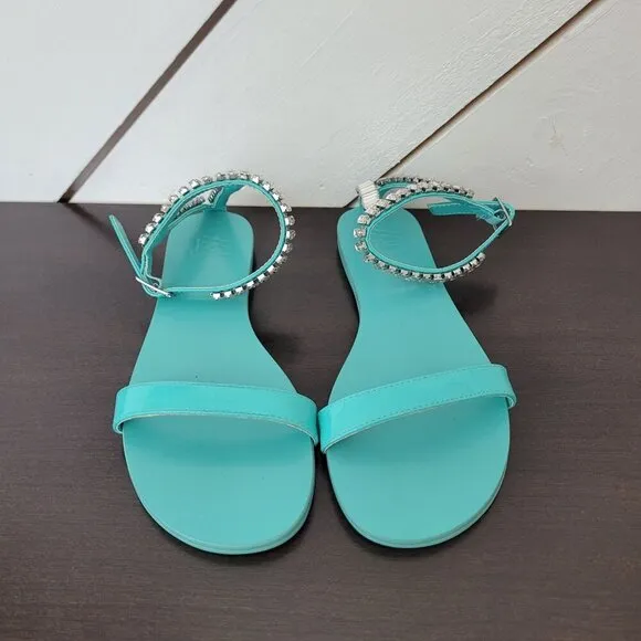 NEW AAJ By Aminah Womens Viktoria Embellished Flate Teal 7.5 Ankle strap Sandals