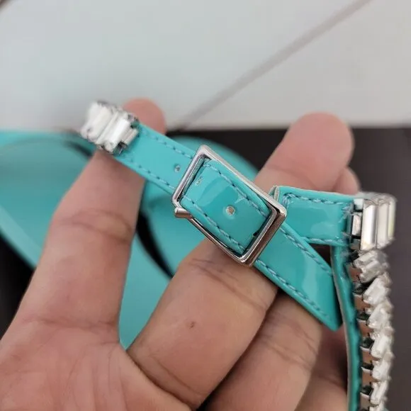 NEW AAJ By Aminah Womens Viktoria Embellished Flate Teal 7.5 Ankle strap Sandals