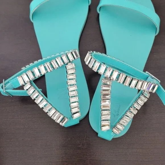 NEW AAJ By Aminah Womens Viktoria Embellished Flate Teal 7.5 Ankle strap Sandals