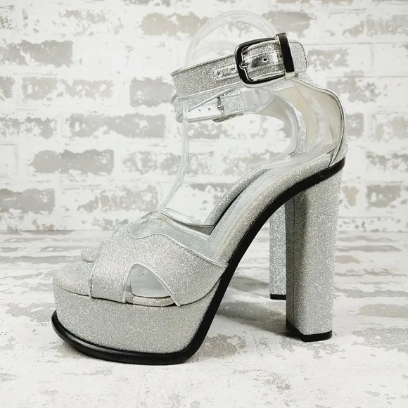 NEW Alexander McQueen Womens Silver Platform High Heeled Cocktail Sandals K686