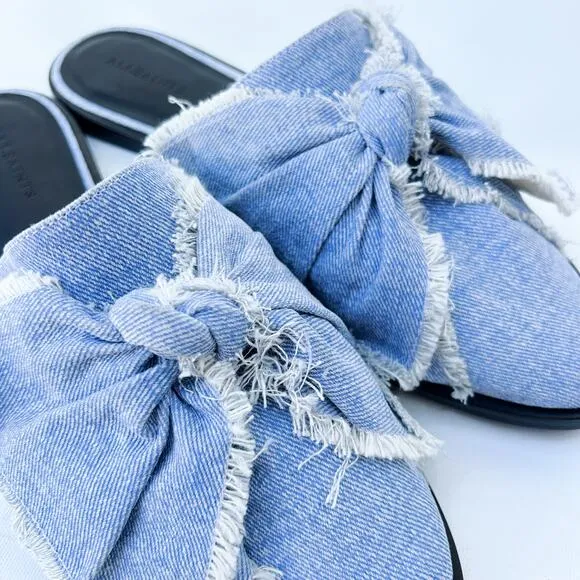 New AllSaints Rumour Bow Mules Light Denim Slides Flats 40 9 All Saints