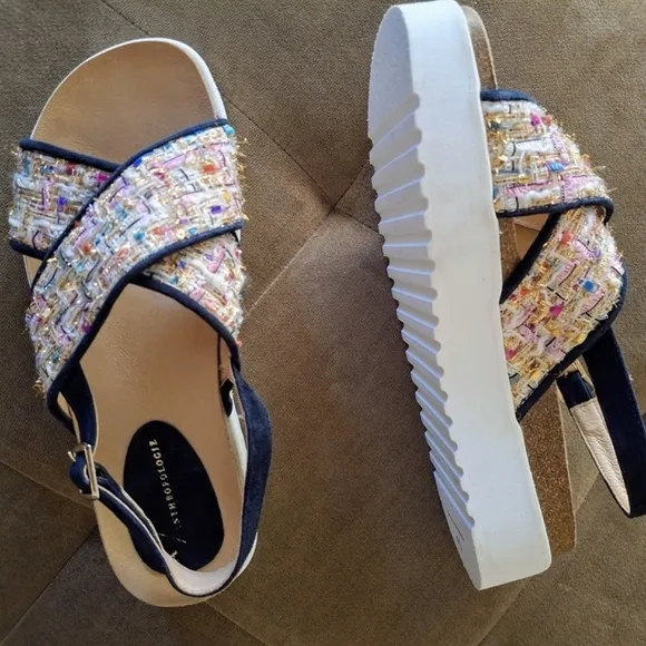New Anthropologie Rare Tweed Slingback Platform Sandals Multicolored Size 9 8.5