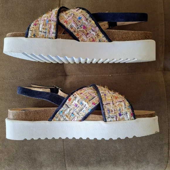 New Anthropologie Rare Tweed Slingback Platform Sandals Multicolored Size 9 8.5