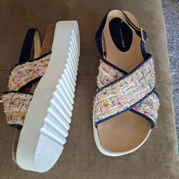 New Anthropologie Rare Tweed Slingback Platform Sandals Multicolored Size 9 8.5