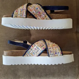 New Anthropologie Rare Tweed Slingback Platform Sandals Multicolored Size 9 8.5