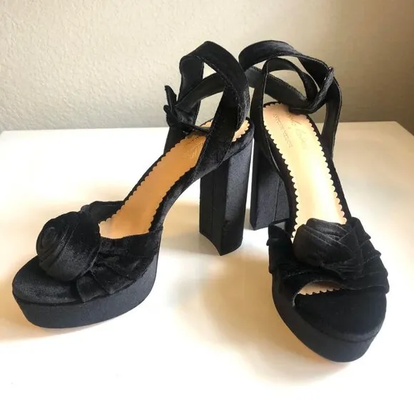 New ANTONIO MELANI x NICOLA BATHIE Emilia Black Velvet Rose Platform Sandals 10