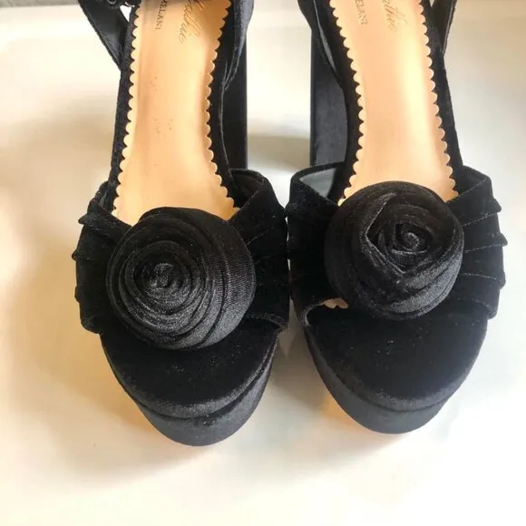 New ANTONIO MELANI x NICOLA BATHIE Emilia Black Velvet Rose Platform Sandals 10