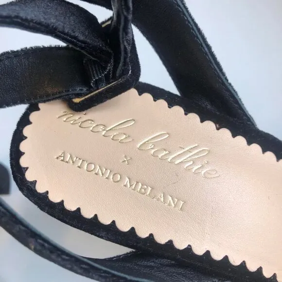 New ANTONIO MELANI x NICOLA BATHIE Emilia Black Velvet Rose Platform Sandals 10