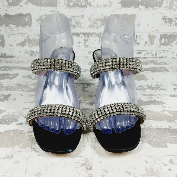 New Badgley Mischka Sade Black Rhinestone Strap Heeled Sandals K1023