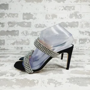 New Badgley Mischka Sade Black Rhinestone Strap Heeled Sandals K1023