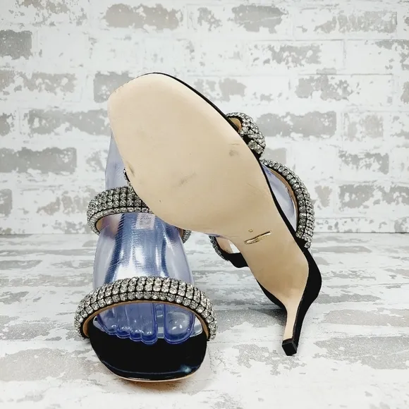 New Badgley Mischka Sade Black Rhinestone Strap Heeled Sandals K1023