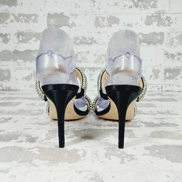 New Badgley Mischka Sade Black Rhinestone Strap Heeled Sandals K1023
