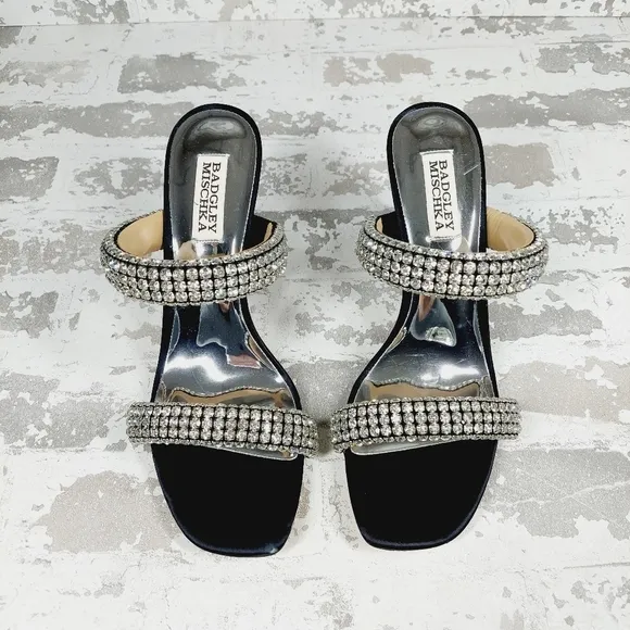 New Badgley Mischka Sade Black Rhinestone Strap Heeled Sandals K1023