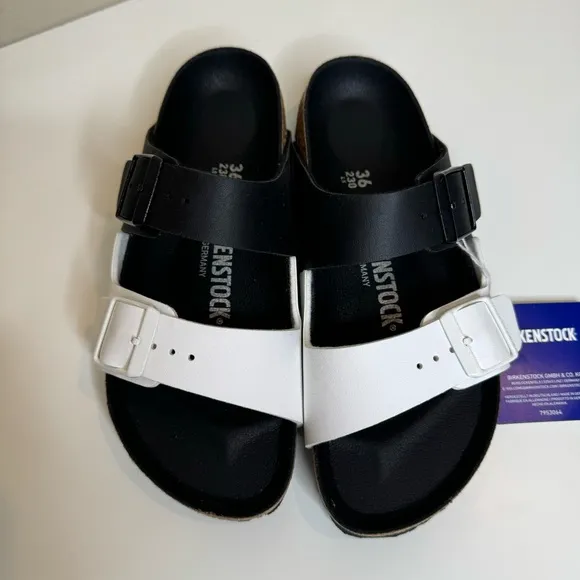 NEW Birkenstock Arizona Split Two-Strap Black &amp; White Sandals size 5