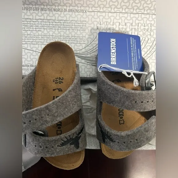 NEW • Birkenstock • Kids ArizonaSandals Two Strap Wool Gray MooseEmbroidered 8