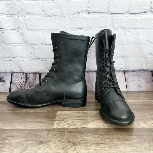 New Born neon black leather combat boots pull on size 9M