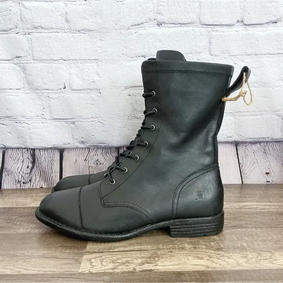 New Born neon black leather combat boots pull on size 9M
