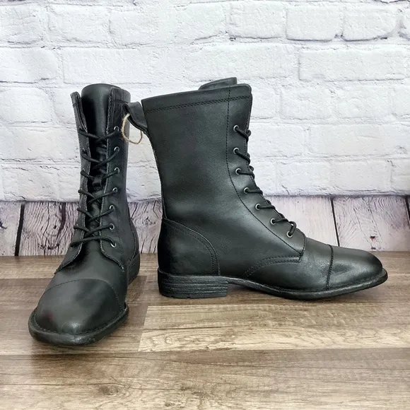 New Born neon black leather combat boots pull on size 9M