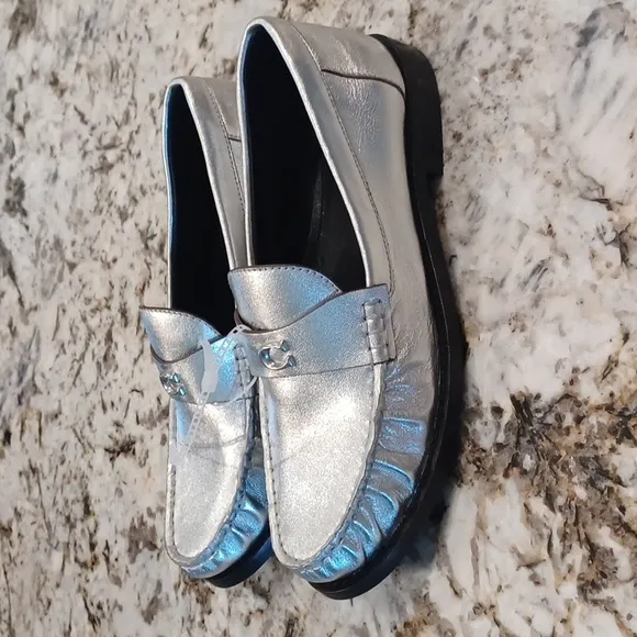 NEW Coach Jolene Silver Metallic Leather Slip On Loafer Size 6.5B