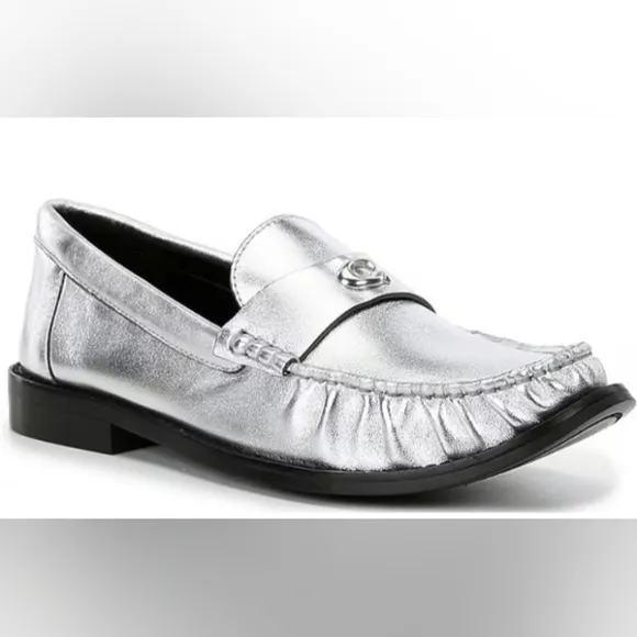 NEW Coach Jolene Silver Metallic Leather Slip On Loafer Size 6.5B