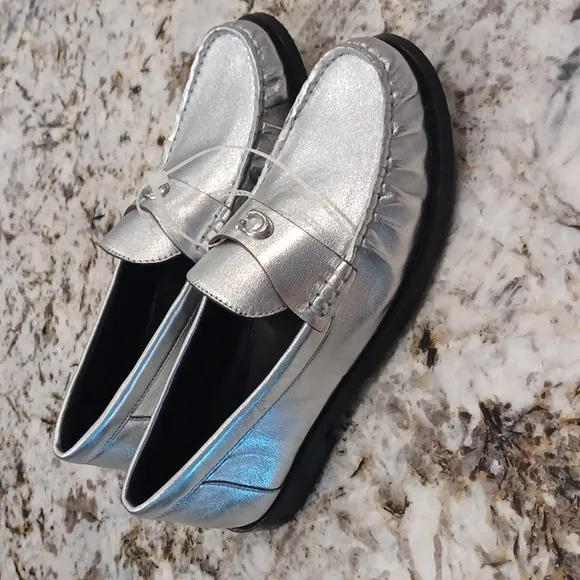 NEW Coach Jolene Silver Metallic Leather Slip On Loafer Size 6.5B