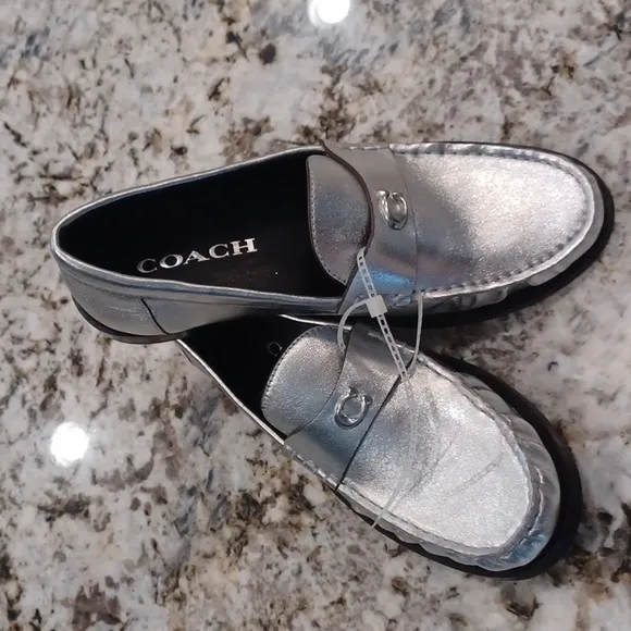 NEW Coach Jolene Silver Metallic Leather Slip On Loafer Size 6.5B